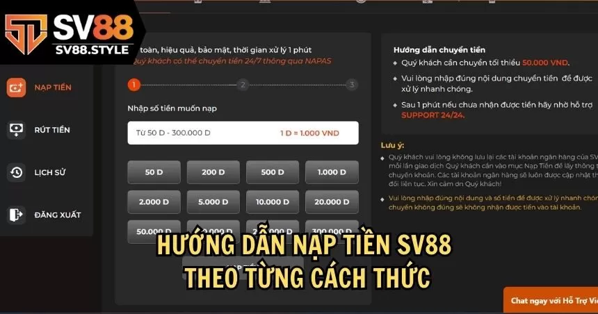 Hướng dẫn nạp tiền SV88 theo từng cách thức